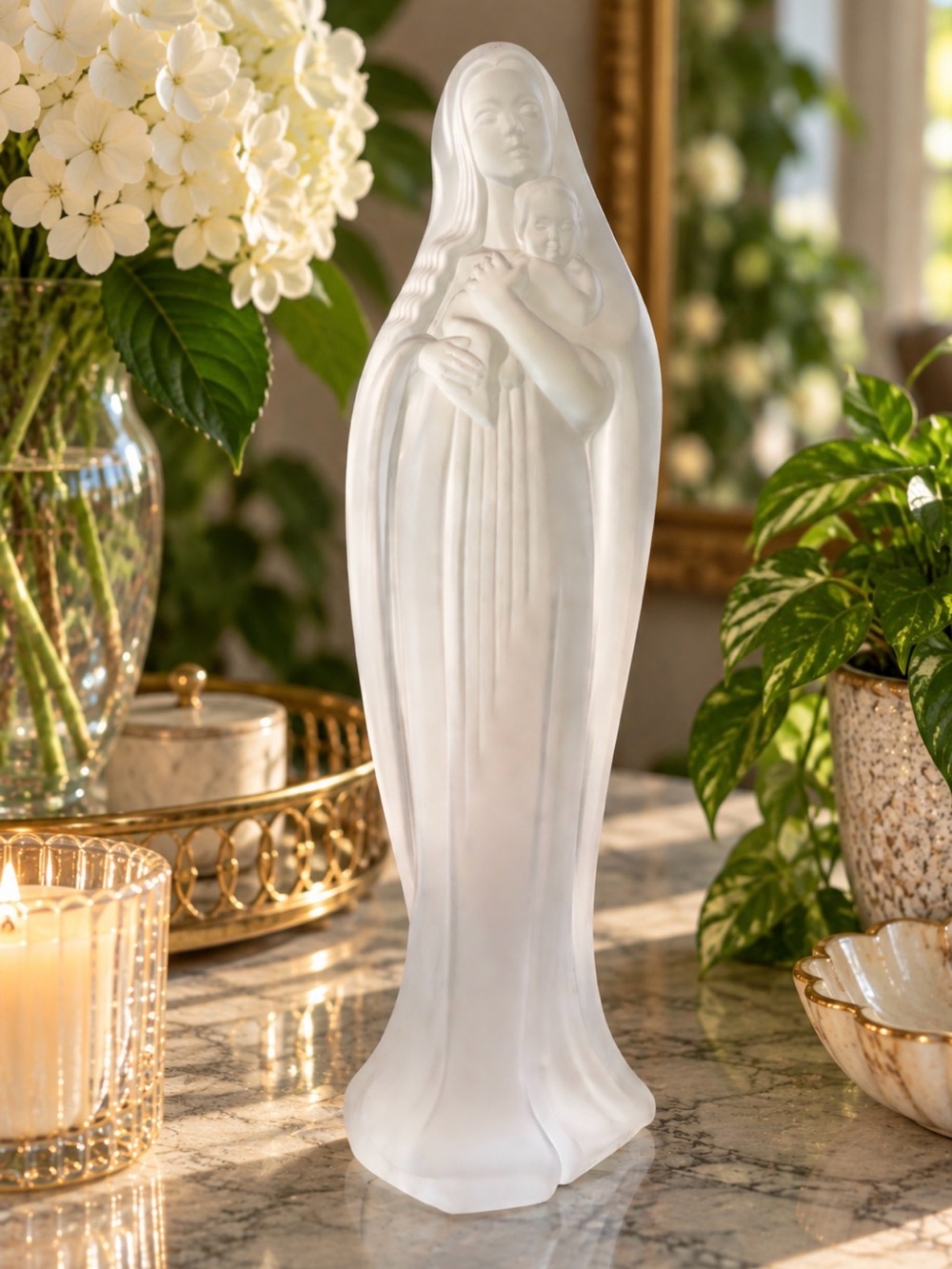 Vintage French Madonna & Child 24% Lead Crystal Figurine Made in France